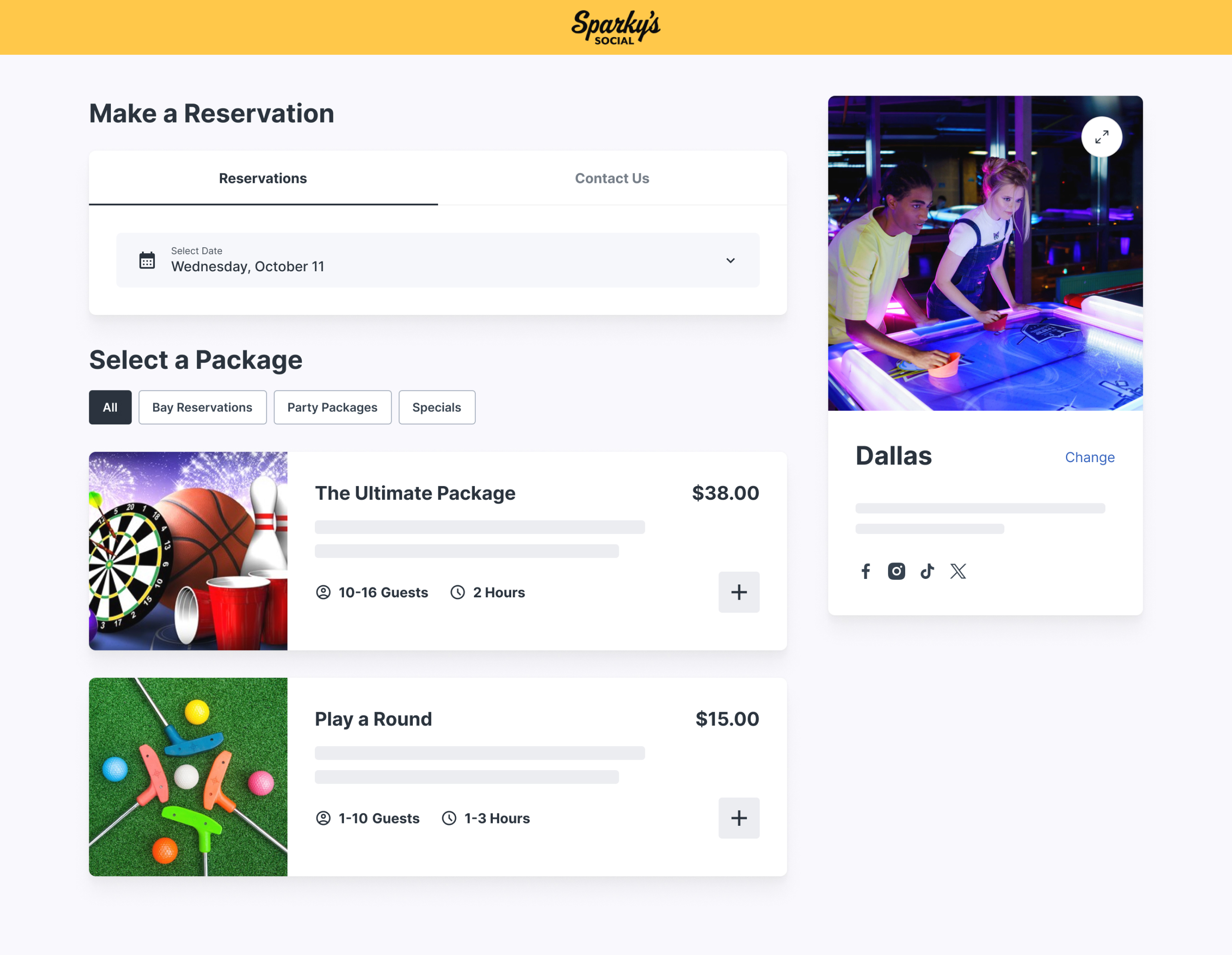 Rex booking page showing activities and packages